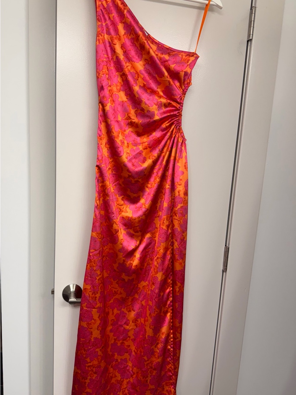 One-Shoulder Satin Evening Dress in Pink and Orange